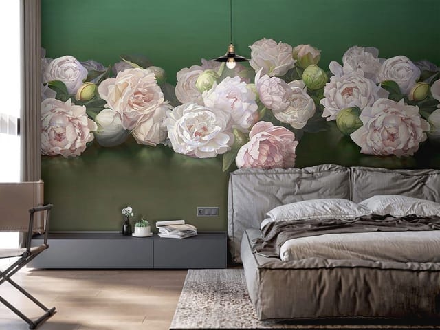 Fototapeta z bukietem różowych piwonii na zielonym tle