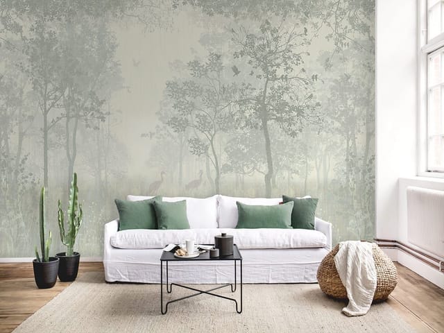 Fototapeta przedstawiająca drzewa w mglistym lesie z trawami i ptakami