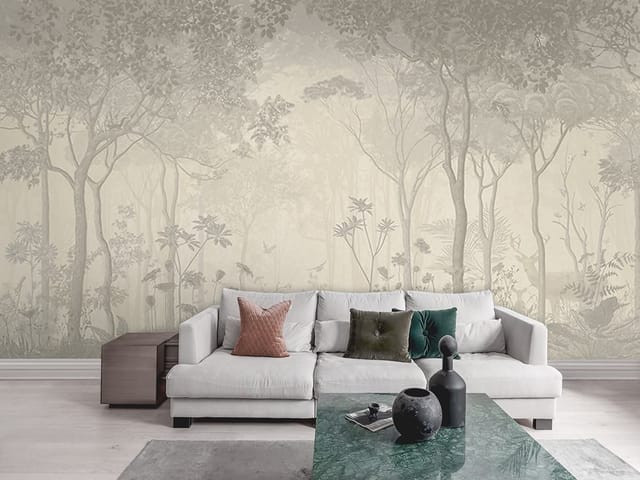 Fototapeta Gęsty Las z Wysokimi Drzewami (kod: 23603) Fototapeta przedstawiająca gęsty las z wysokimi drzewami i delikatną mgłą