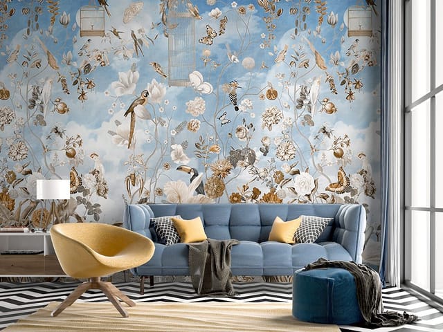 Fototapeta z kwiatami i ptakami na tle niebieskiego nieba z chmurami