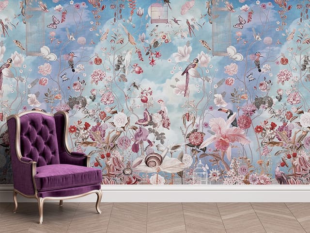 Fototapeta przedstawiająca różnorodne kwiaty i ptaki na tle błękitnego nieba