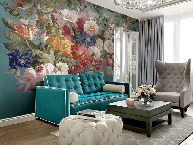 Fototapeta z bukietem różnorodnych kwiatów w ozdobnym wazonie na turkusowym tle