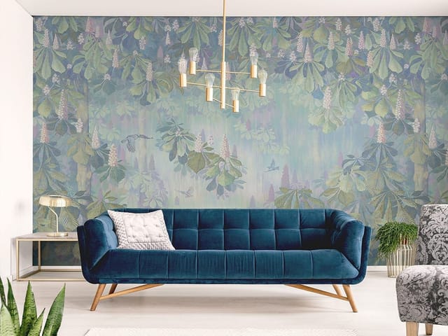 Fototapeta z gęstymi liśćmi i kwiatami kasztanowca na pastelowym tle