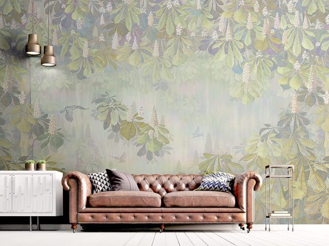 Fototapeta z liśćmi i kwiatami kasztanowca na rozmytym tle