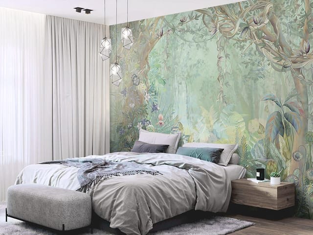 Fototapeta przedstawiająca tropikalną dżunglę z dużymi drzewami i pnączami