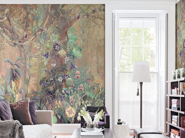 Fototapeta przedstawiająca gęstą roślinność tropikalną z dużym drzewem i kolorowymi liśćmi