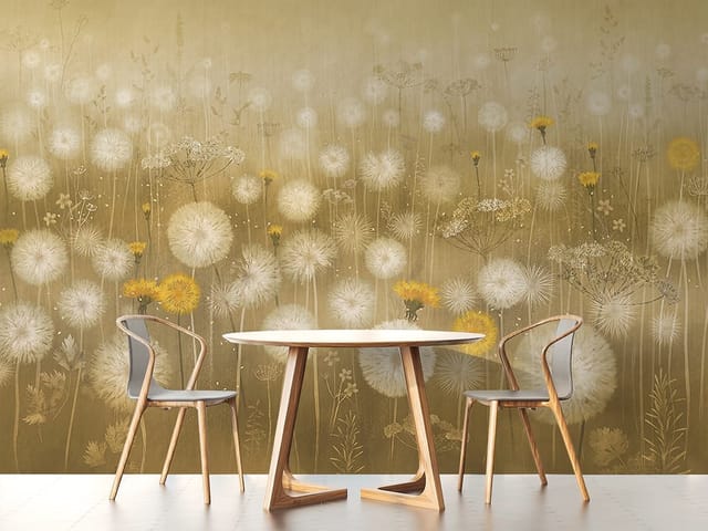 Fototapeta z dmuchawcami na łące, żółte kwiaty i rozmyte tło