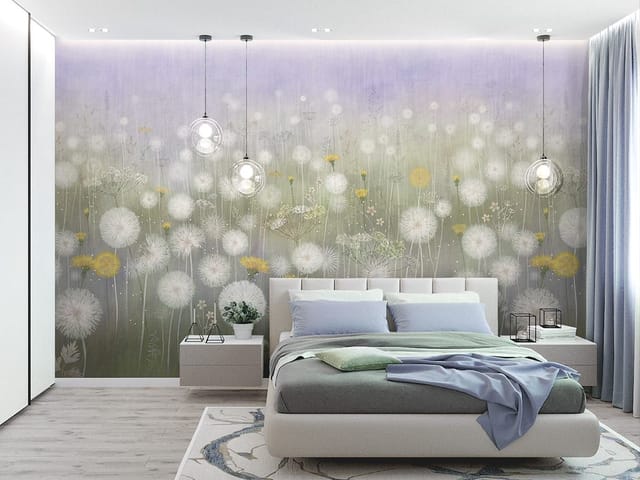 Fototapeta z dmuchawcami na łące, żółtymi kwiatami i fioletowym niebem