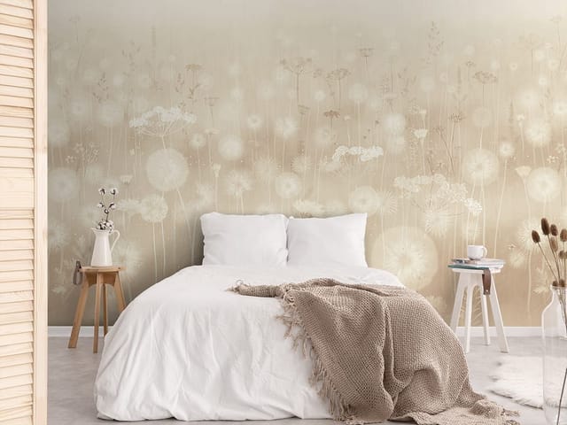 Fototapeta z dmuchawcami na tle łąki, z efektem bokeh i subtelnym światłem