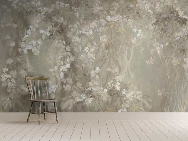 Fototapeta z gęstymi liśćmi i delikatnymi gałęziami na tle