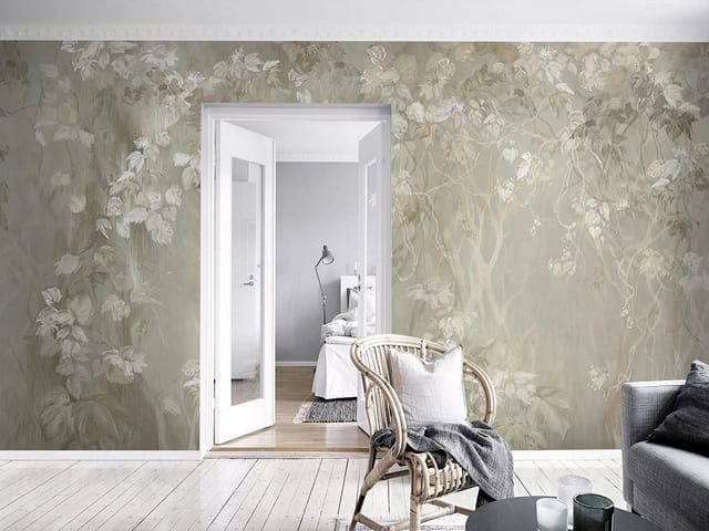 Fototapeta z gęstymi liśćmi i delikatnymi gałęziami na tle