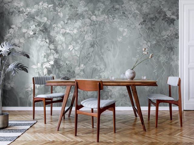 Fototapeta z gęstymi liśćmi i pnączami na tle subtelnego światła