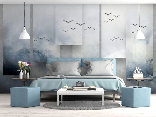 Fototapeta z pionowymi panelami i ptakami na tle chmur