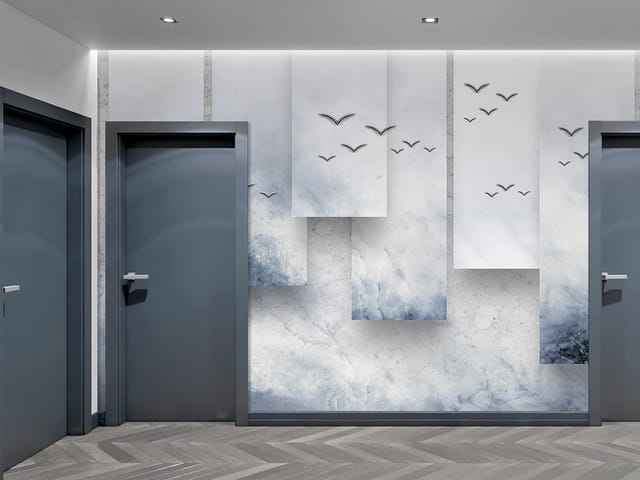 Fototapeta z pionowymi panelami i ptakami na tle chmur