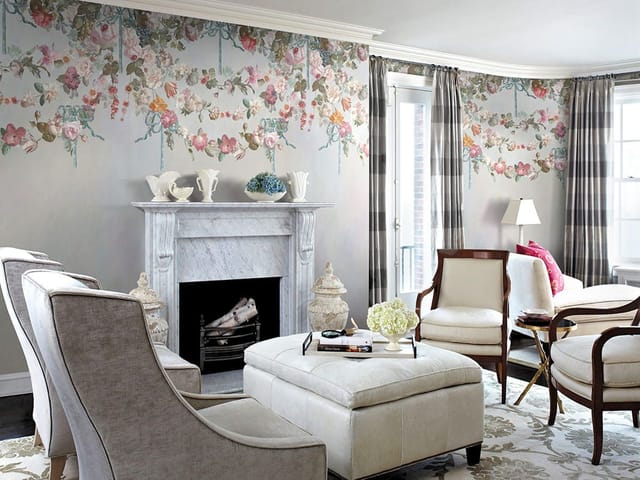 Fototapeta z kwiatowym wzorem i delikatnymi wstążkami na jasnym tle