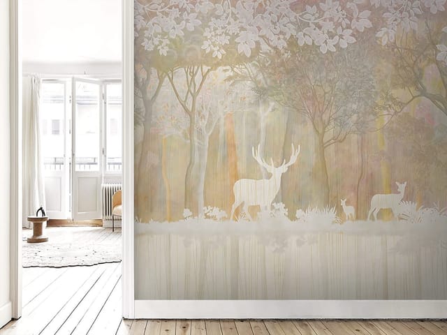 Fototapeta z białymi sylwetkami jeleni w lesie na tle drzew z kwiatami