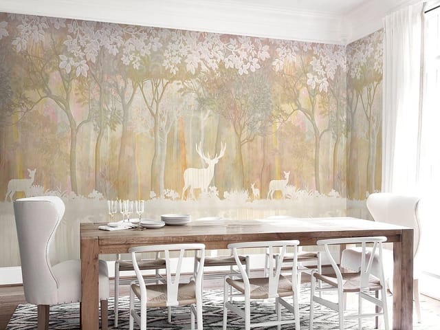 Fototapeta z białymi sylwetkami jeleni w lesie na tle drzew z kwiatami