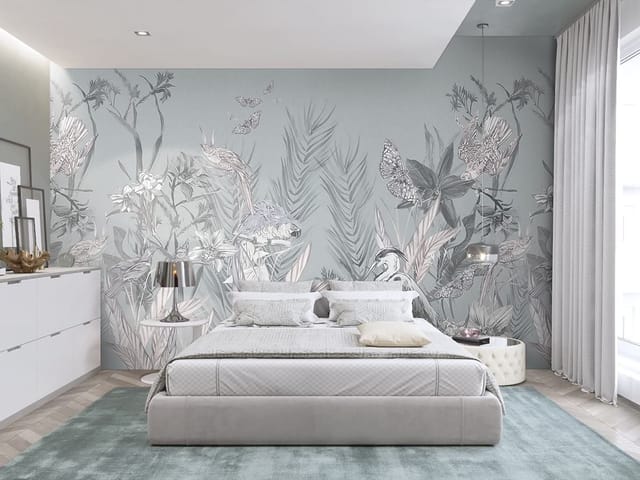 Fototapeta z ptakami i roślinami w lesie, duże liście paproci