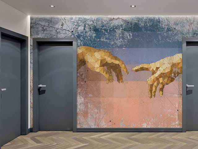 Fototapeta z geometrycznymi dłońmi na tle betonu i kolorowym wzorem