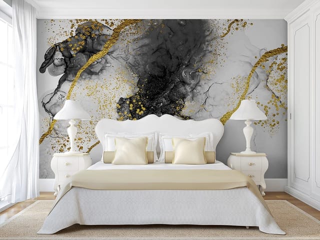 Fototapeta z abstrakcyjnymi wzorami, czarne plamy i złote linie