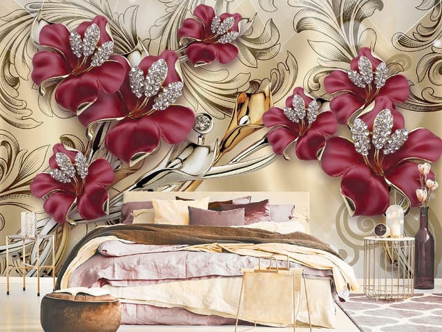 Fototapeta Czerwone kwiaty i złote ornamenty