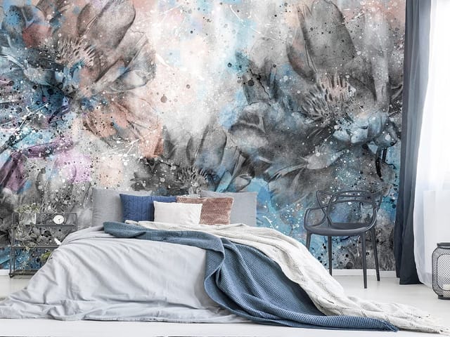 Fototapeta z abstrakcyjnymi kwiatami w szarościach i niebieskim tle