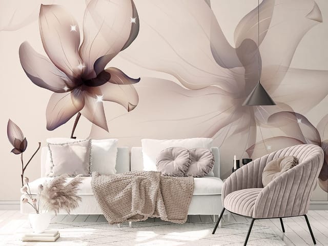 Fototapeta z dużym kwiatem magnolii na gałęzi z liśćmi i rozmytym tłem