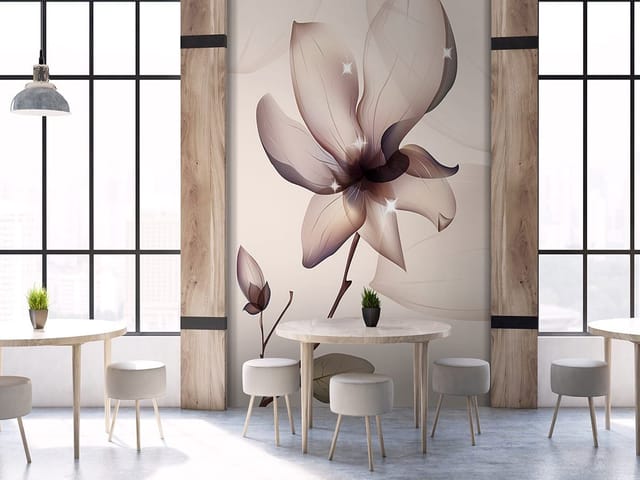 Fototapeta Magnolie na gałęzi z liśćmi (mpn: 239) Fototapeta z dużym kwiatem magnolii na gałęzi z liśćmi i rozmytym tłem