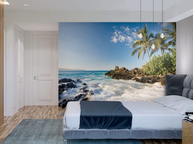 Fototapeta Plaża z palmami i skałami