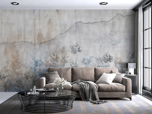 Fototapeta z abstrakcyjnymi kwiatami na tle przypominającym ścianę