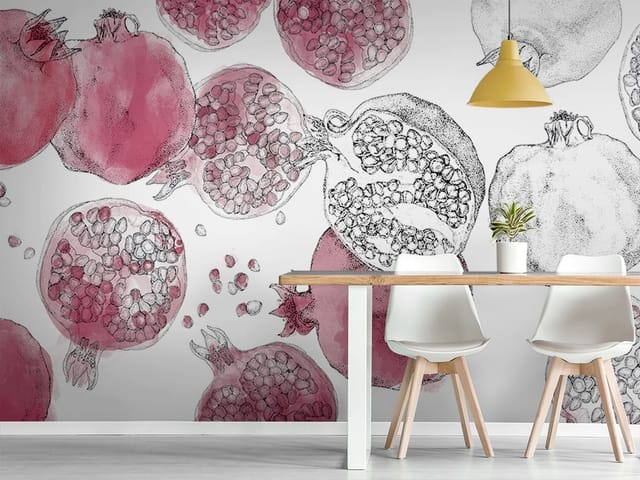 Fototapeta z granatami na białym tle z przekrojami i nasionami