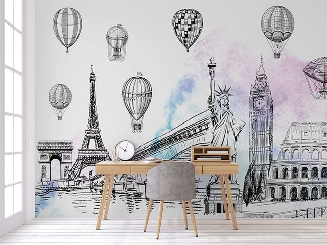 Fototapeta z wieżą Eiffla, Statuą Wolności, Big Benem i Koloseum w otoczeniu balonów