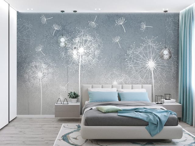 Fototapeta z białymi dmuchawcami na szarym tle i unoszącymi się nasionami