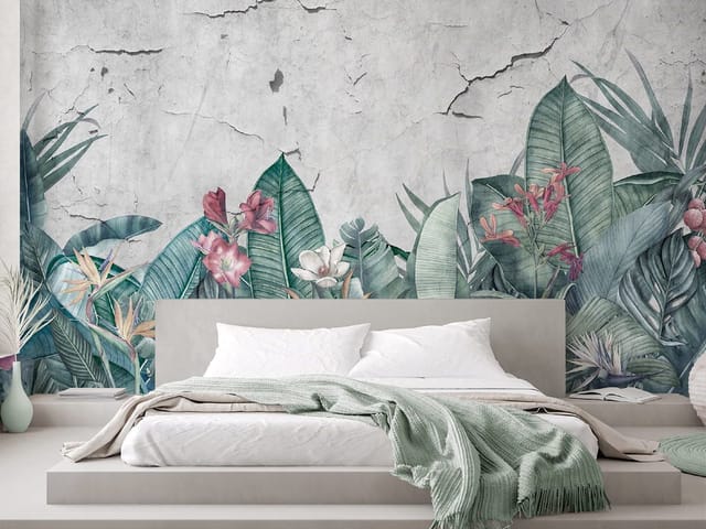 Fototapeta Tropikalne liście i kwiaty (kod: 24103) Fototapeta z tropikalnymi liśćmi i kwiatami na szarym tle