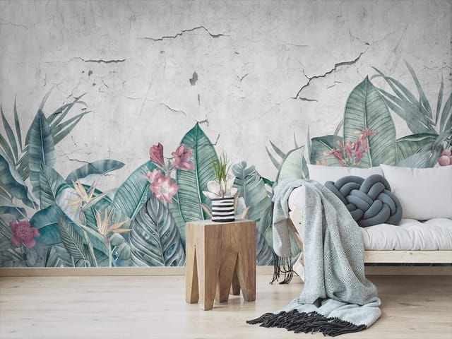 Fototapeta Tropikalne liście i kwiaty (kod: 24103) Fototapeta z tropikalnymi liśćmi i kwiatami na szarym tle