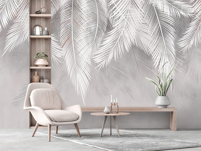 Fototapeta Białe liście palmowe na szarym tle (kod: 24133) Fototapeta Białe liście palmowe na szarym tle