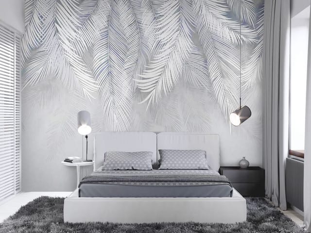 Fototapeta Białe liście palmowe na szarym tle (kod: 24134) Fototapeta z białymi liśćmi palmowymi na szarym tle z delikatnym cieniowaniem