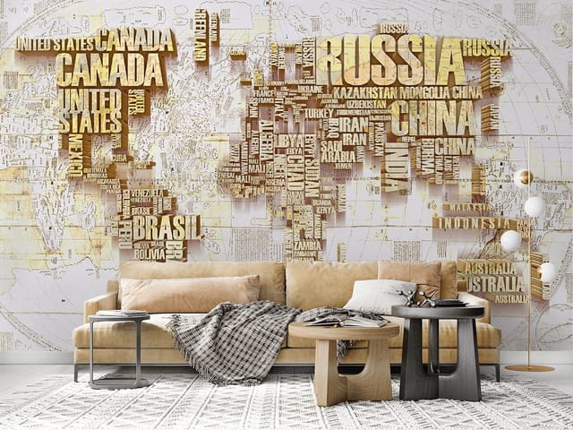 Fototapeta przedstawiająca mapę świata z kontynentami zbudowanymi z nazw państw.