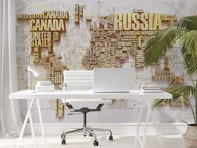 Fototapeta przedstawiająca mapę świata z kontynentami zbudowanymi z nazw państw.