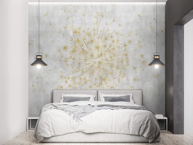 Fototapeta z dużym dmuchawcem na jasnym tle i złotymi akcentami