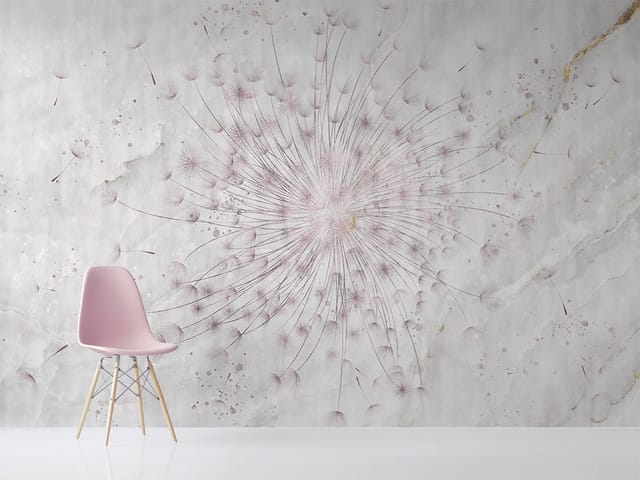 Fototapeta z dużym dmuchawcem na szarym marmurowym tle z różowymi akcentami