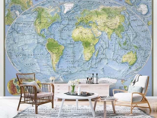 Fototapeta Mapa świata z kontynentami i oceanami (mpn: FT-242) Fototapeta polityczne mapy – fizyczna mapa świata z kontynentami