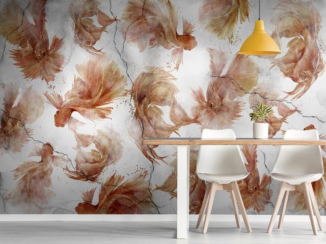 Fototapeta z rybami o długich płetwach na jasnym tle z pęknięciami