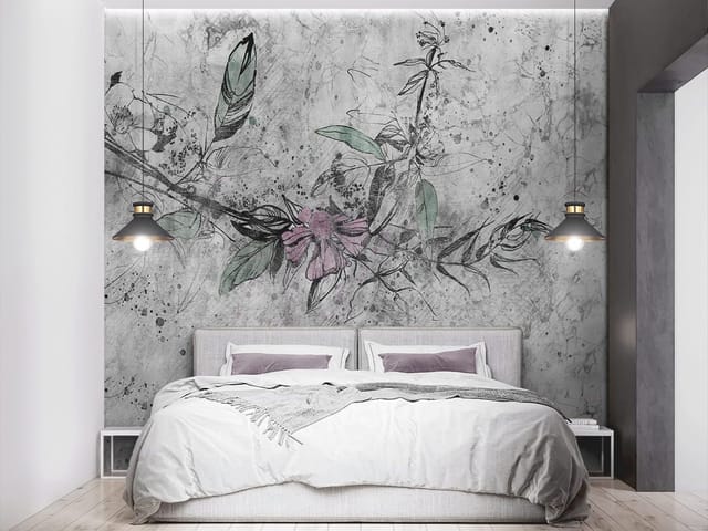 Fototapeta z gałęzią kwiatową i liśćmi na tle abstrakcyjnych wzorów