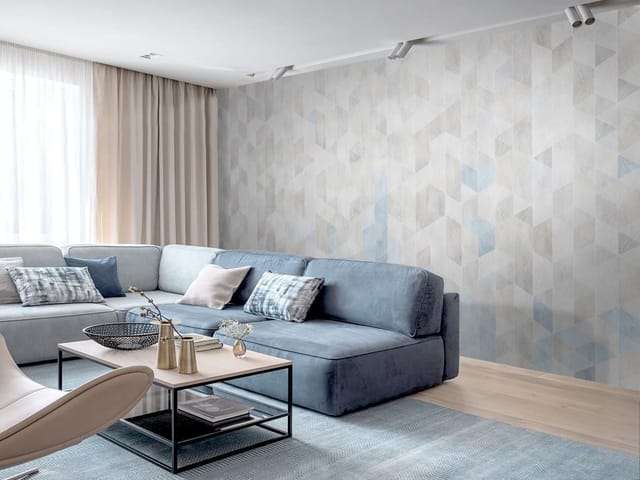 Fototapeta z geometrycznym wzorem trójkątów w odcieniach niebieskiego i szarości