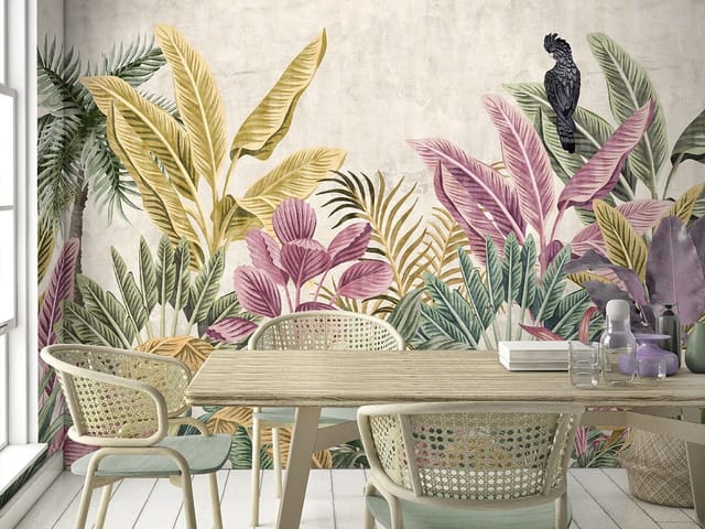 Fototapeta z tropikalnymi liśćmi w odcieniach zieleni, różu i żółci