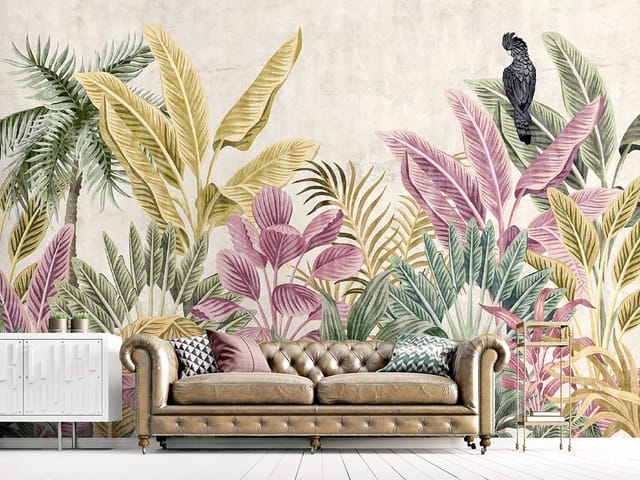 Fototapeta z tropikalnymi liśćmi w odcieniach zieleni, różu i żółci