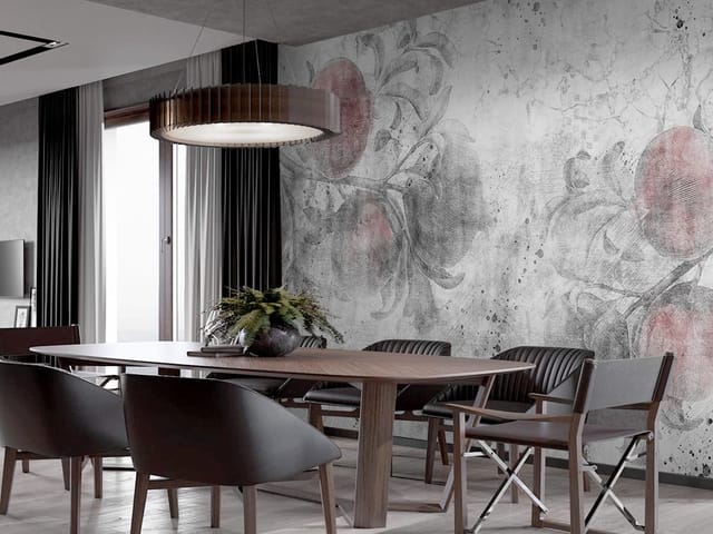 Fototapeta z gałęziami granatu na szarym tle z plamami