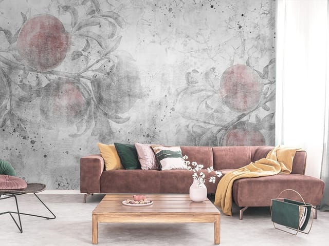 Fototapeta z gałęziami granatu na szarym tle z plamami