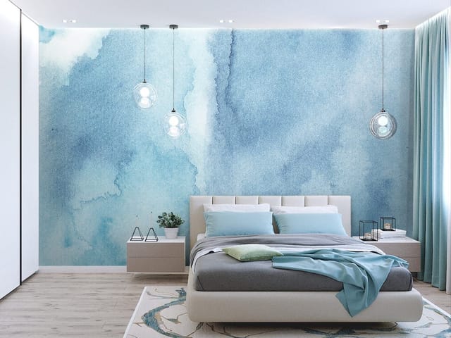 Fototapeta z abstrakcyjnymi niebieskimi plamami akwareli o różnych odcieniach